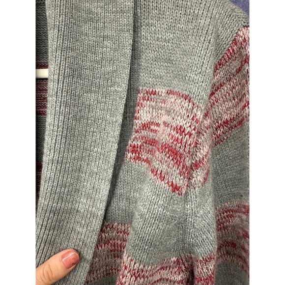 70s Women's Striped Cardigan Sweater Medium Space Dye Red Gray Belted Bel Sleeve - Picture 4 of 6